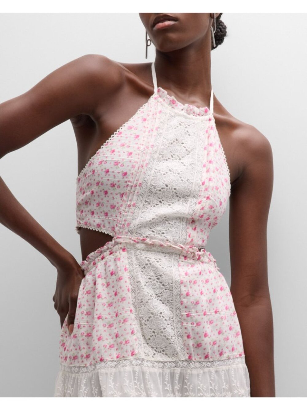 NWT LoveShackFancy Kesia Mini Dress XS Poppy Pink Floral Lace Cotton Halter - Picture 2 of 11